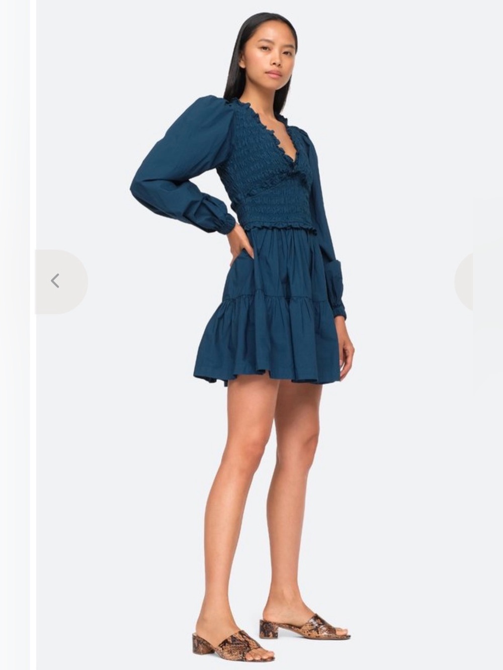 Sea New York Gaia Teal Blue Smocked Cotton Long Sleeve Tiered Mini Dress Sz 00